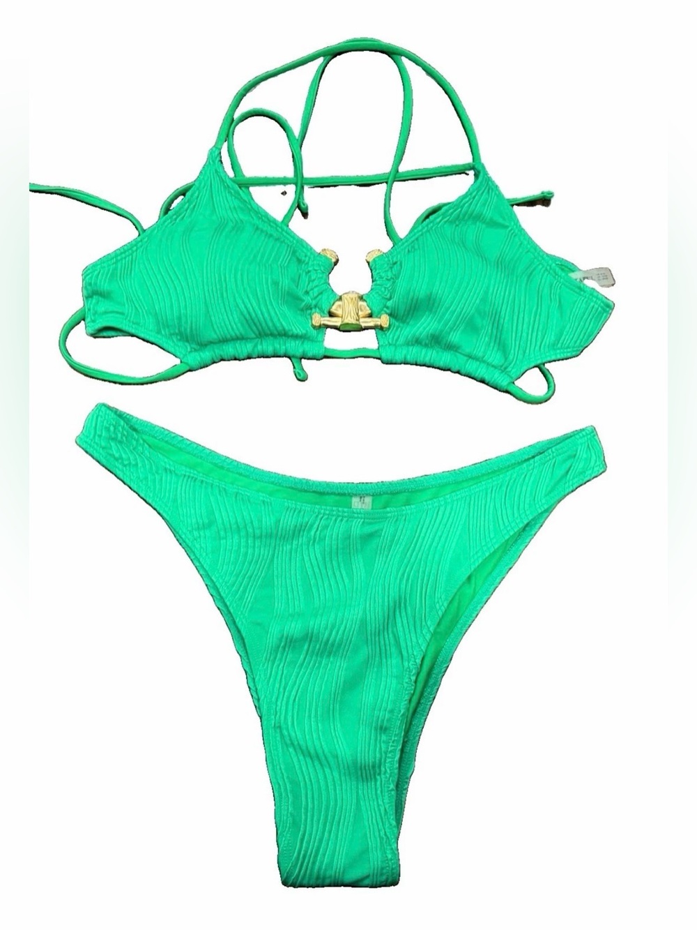 Zaful Emerald Green Ribbed Two-Piece Bikini Set with Gold Accent
